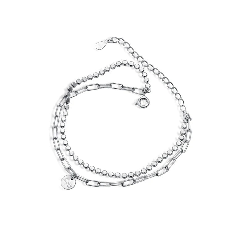 Double Layer Bracelet Lucky Rectangular Chain Genuine Sterling Silver 925 Womens Bracelet