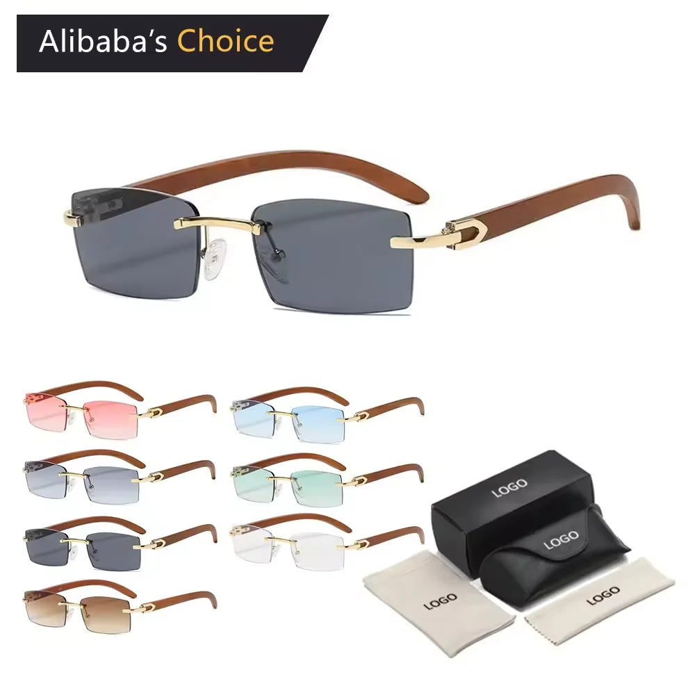New Stylish Custom Logo Designer Luxury Mens Shades Small Frame Rectangle Rimless Sunglasses Wooden Sunglasses Men