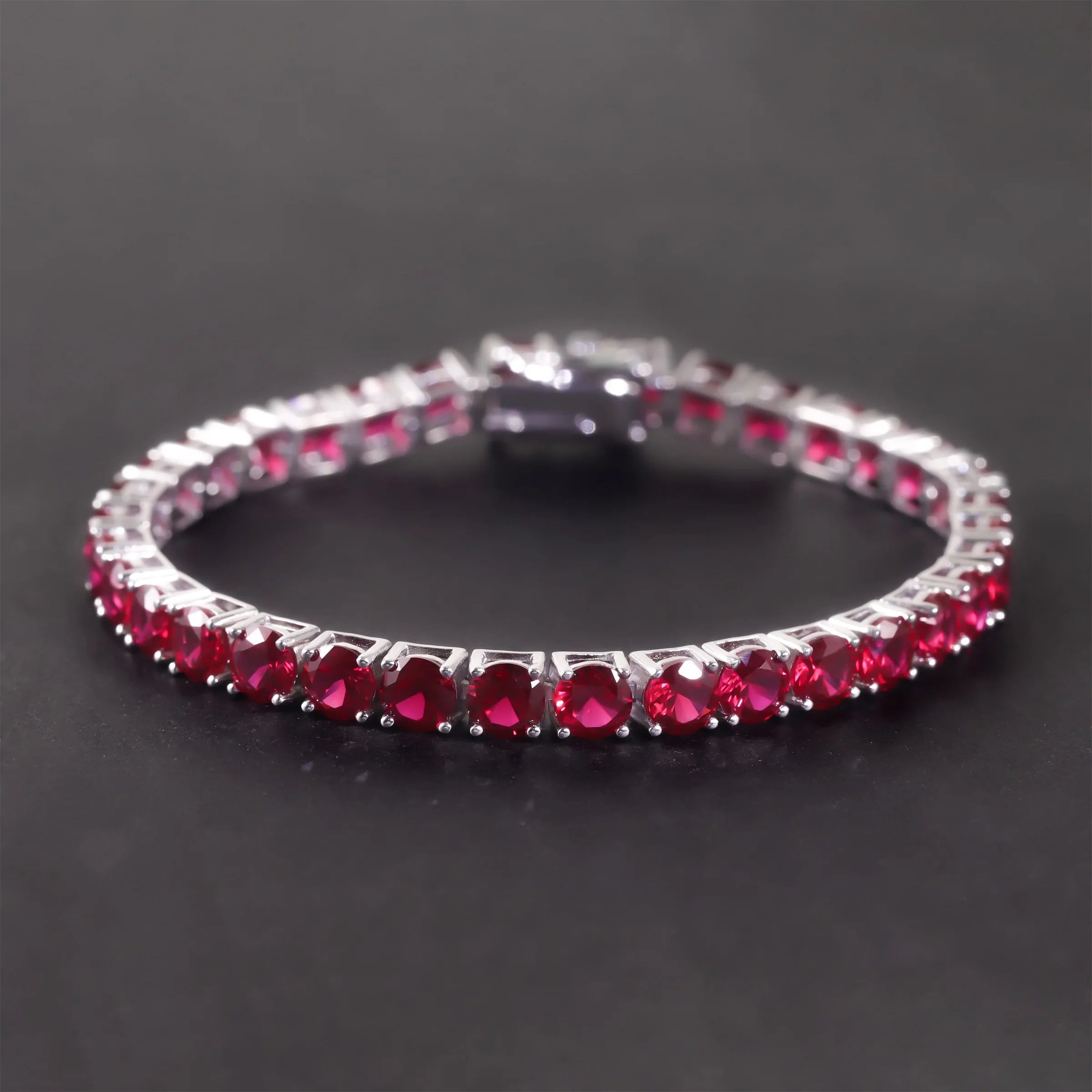 7IN 925 Silver Gemstone Bracelet 5MM Pigeon Blood Red Lab Grown Ruby Silver Women Round Tennis Bracelet