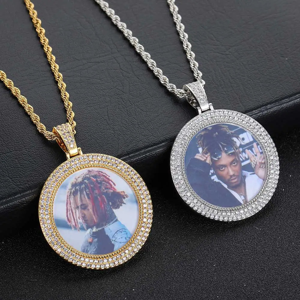 Custom Hip Hop Memory Photo Pendant Iced Out Double Row Zircon Photo Medallions Frames Pendant