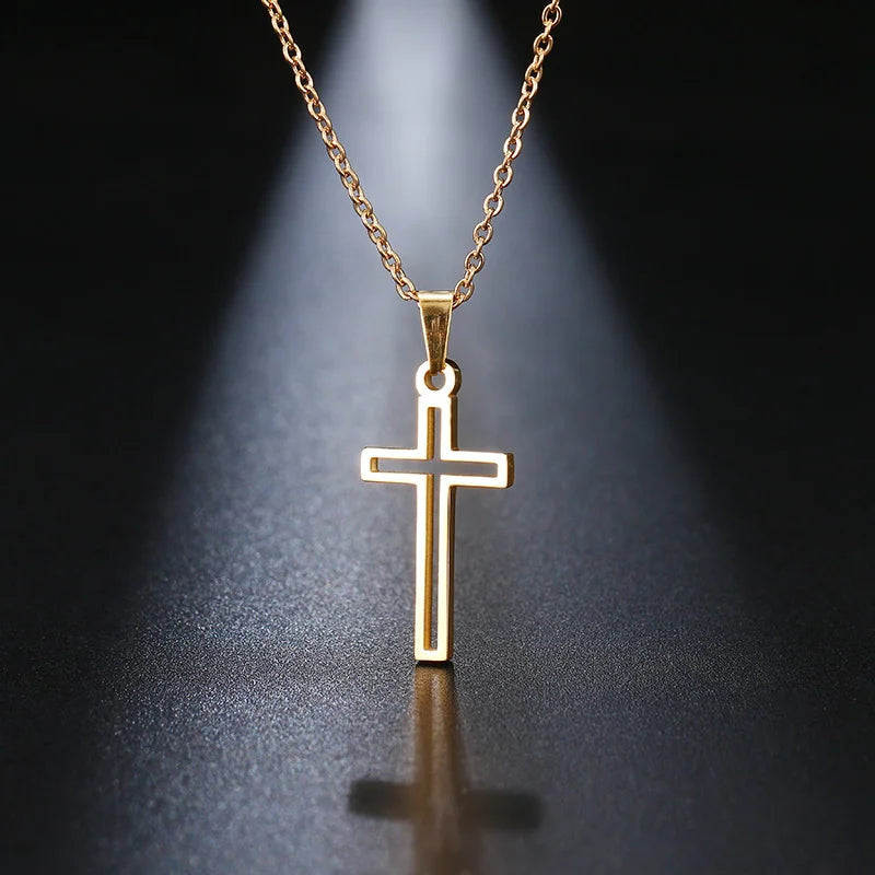 Newest Design Simple Party Jewelry Stainless Steel Jewelry Silver Gold Color Hollow Christian Cross Pendants Necklaces