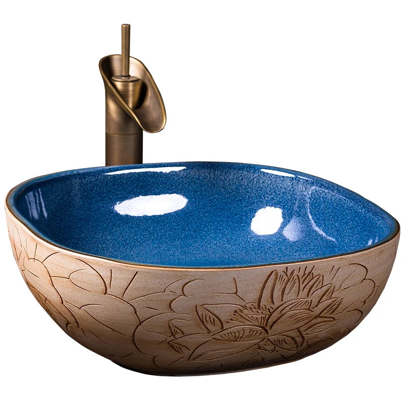 Jingdezhen Color Glazed Rectangular Shape Ceramic Handmade Carved Flower Pattern Wash Basin For Bathroom