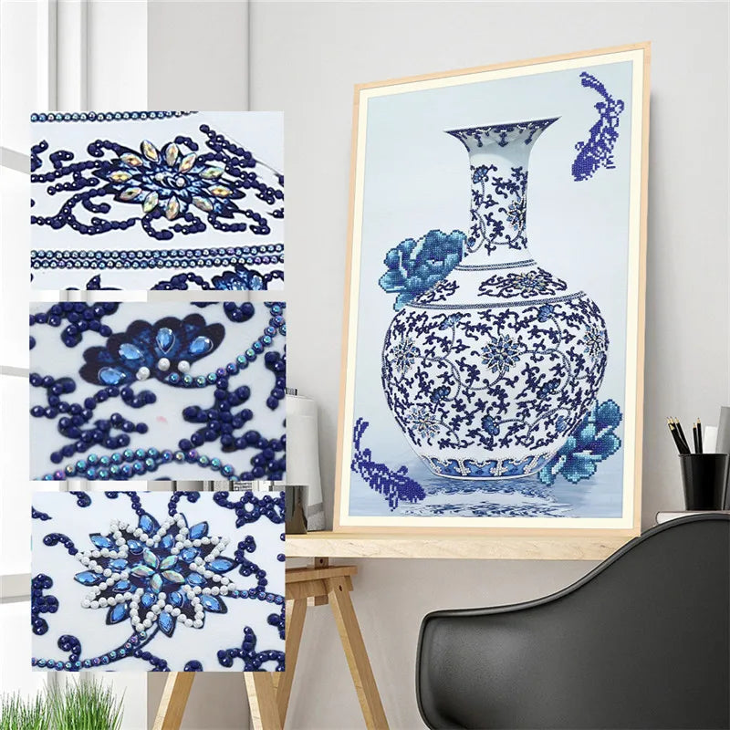 Special Shaped Diamond Painting Kits 30x30cm Blue White Porcelain Vase 5D AB Crystal Mosaic Picture Embroidery Environment