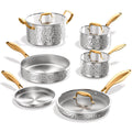 Hammered Stainless Steel Pots and Pans Set 10-Piece Non-Toxic Dishwasher Safe Kitchen Cookware with Triple-Layer Clad Design