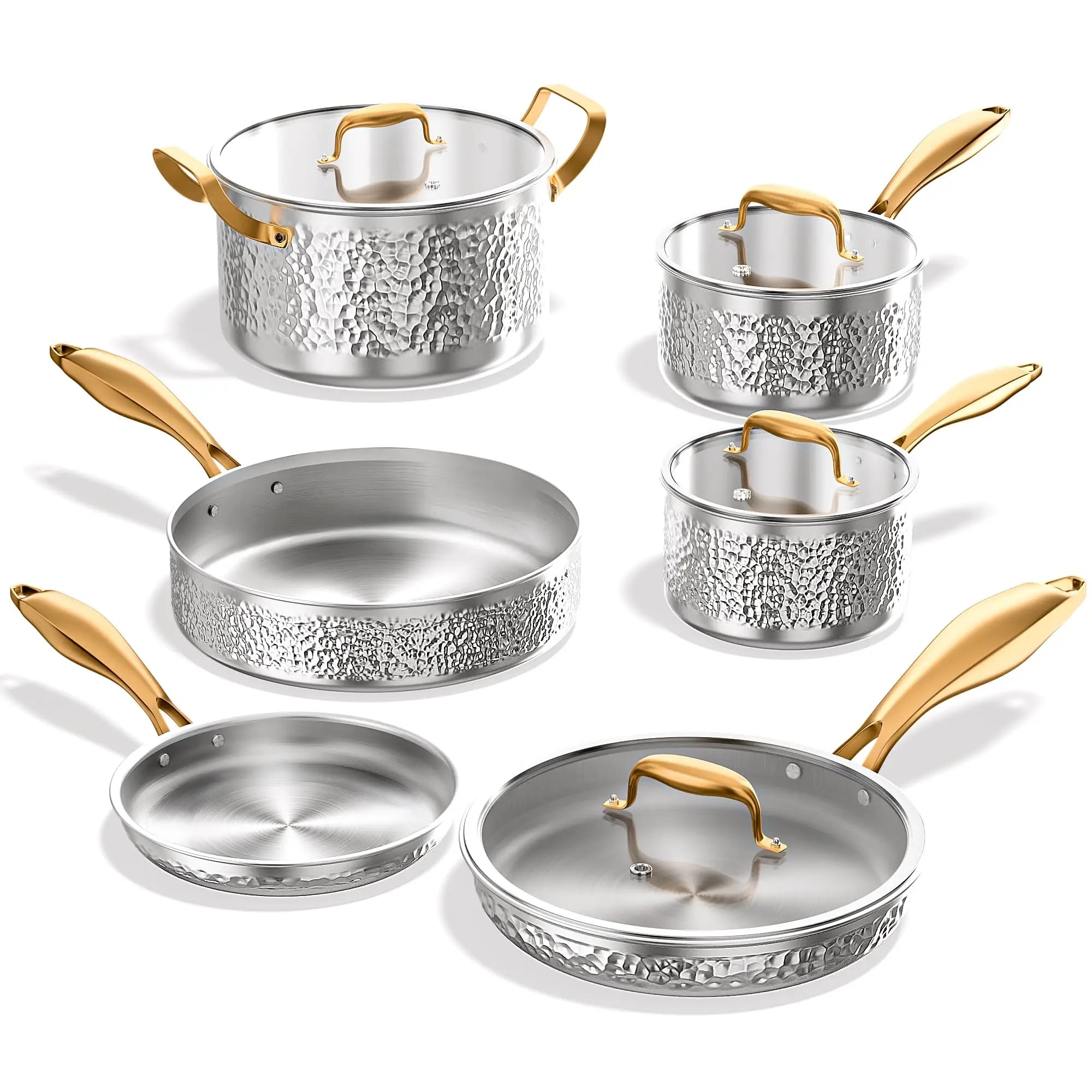 Hammered Stainless Steel Pots and Pans Set 10-Piece Non-Toxic Dishwasher Safe Kitchen Cookware with Triple-Layer Clad Design