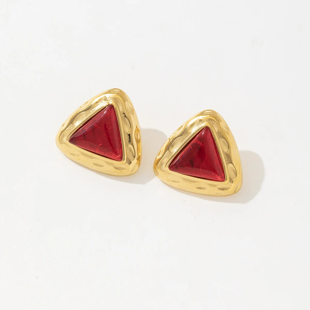 Modern Statement Jewelry  18k Gold Stainless Steel Red Onyx Twisted Triangle Drop Red Crystal Earrings