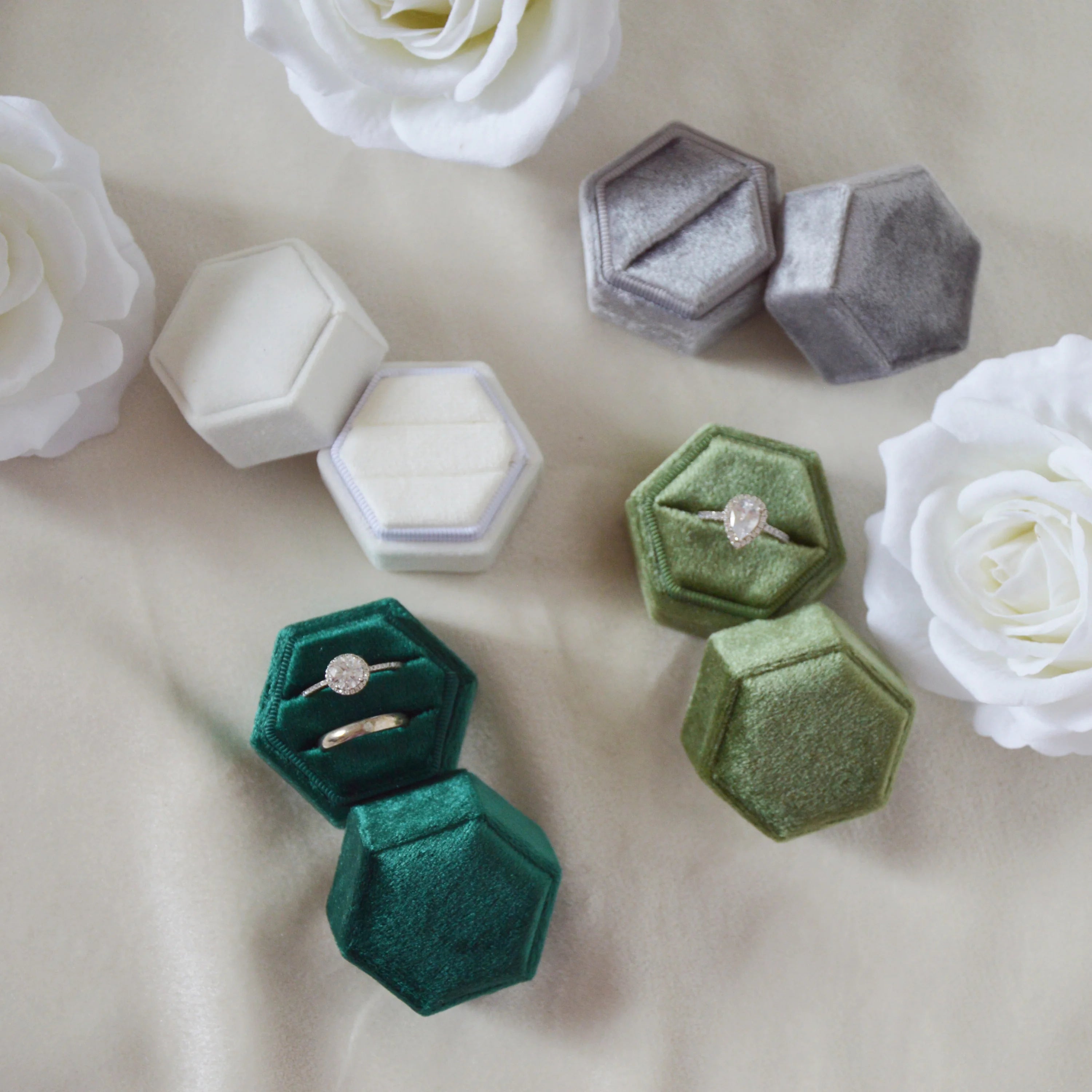 Hexagonal Velvet Vintage Single & Double Ring Box Upscale Wedding & Proposal Exchange Wholesale Jewelry Gift Boxes
