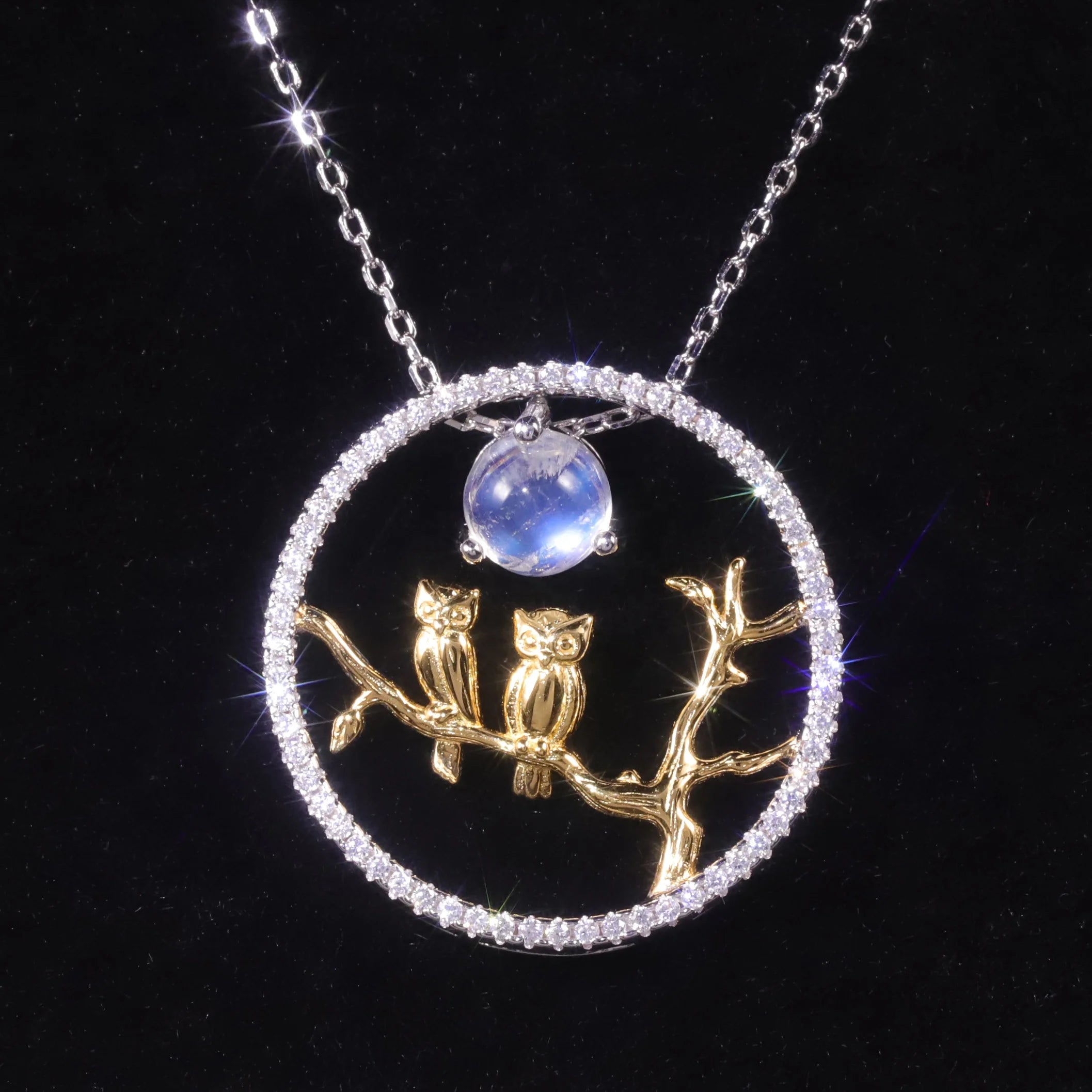 C8086 Abiding Unique Design Natural Moonstone 925 Silver Two Usage Detachable Cute Owl Pendant Necklace