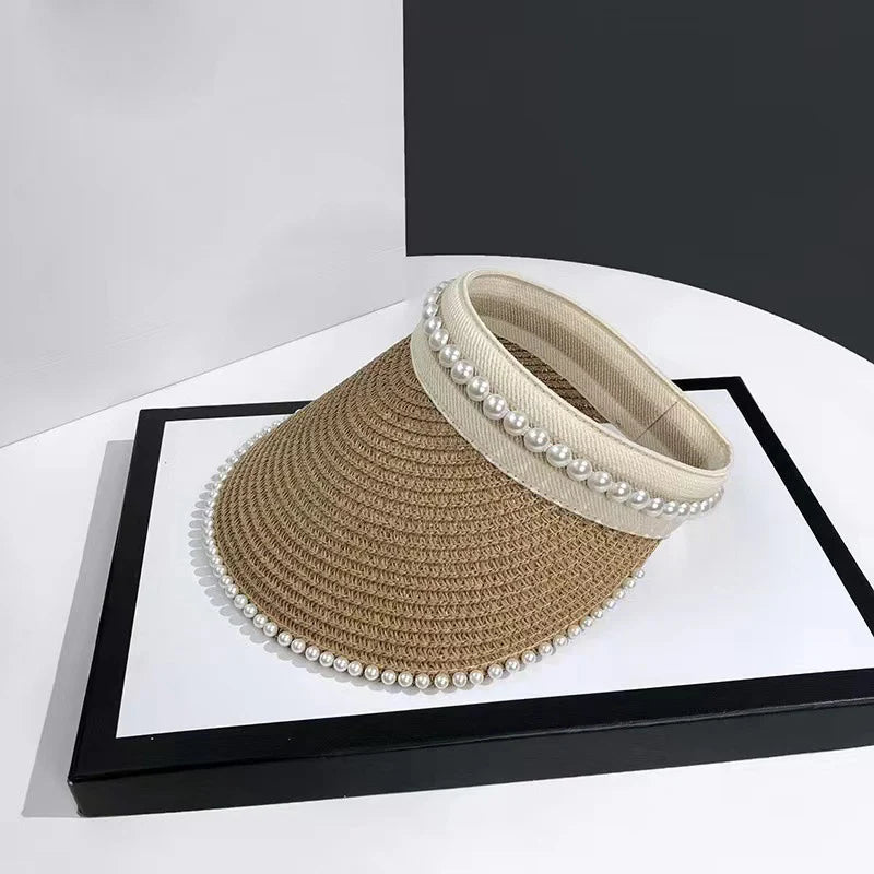 Visors for Women Pearl Straw Visor Hat Summer Wide Brim Sun Protection Beach Hat Travel Accessories