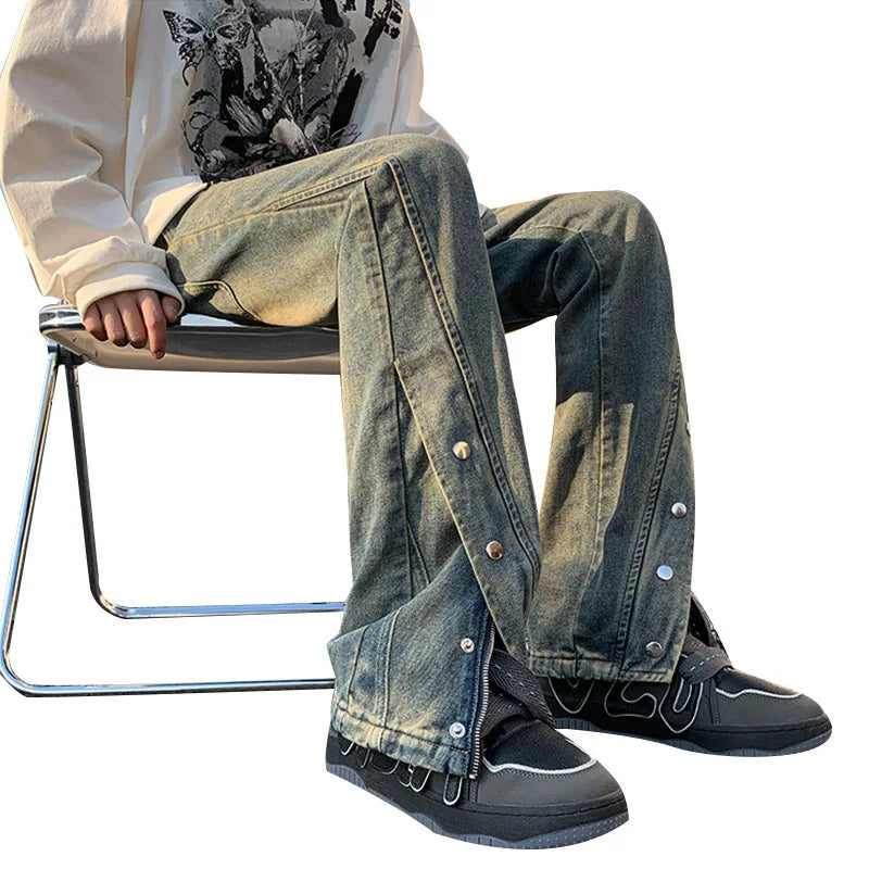 Topgear American High Street Hiphop Fashion Jeans Men's Spring Customization Slim-fit Micro-cropped Pants Slit Mop Pants