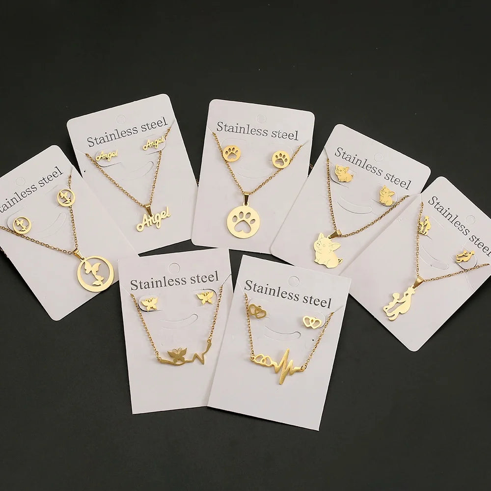 Temperament Gold Stainless Steel Necklace Earrings Set Heart English Words Necklace Butterfly  Pendant Necklaces for Women