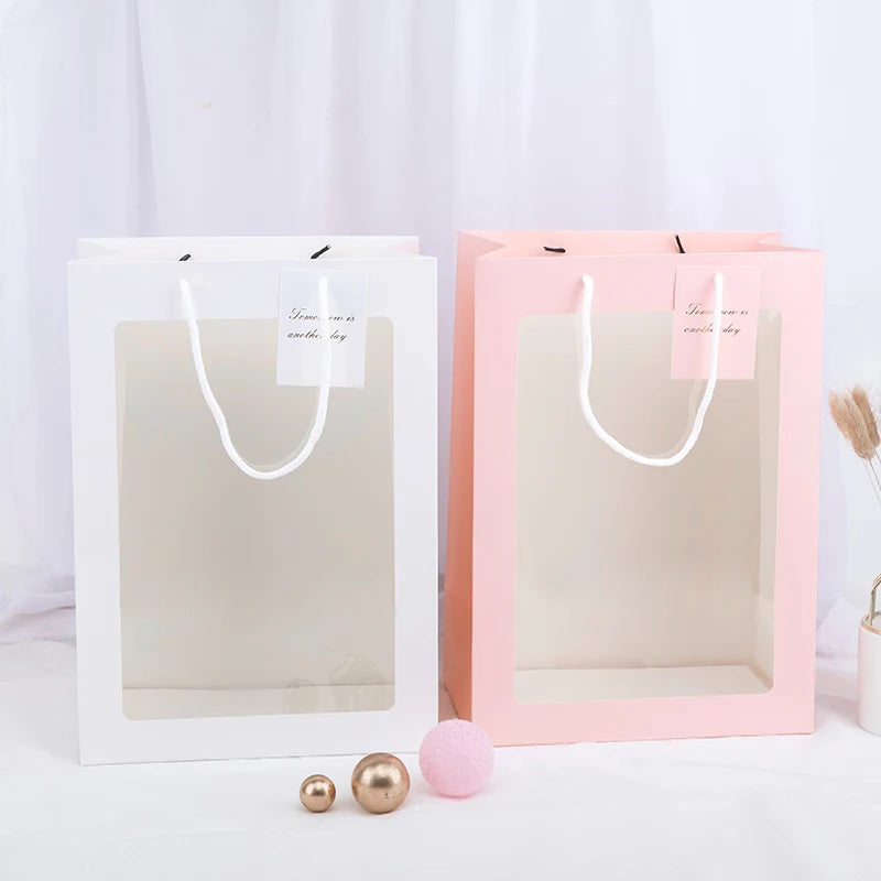 Zexwrap Shopping White Window Paper Bags with Handle for Gift & Bouquret Packaging