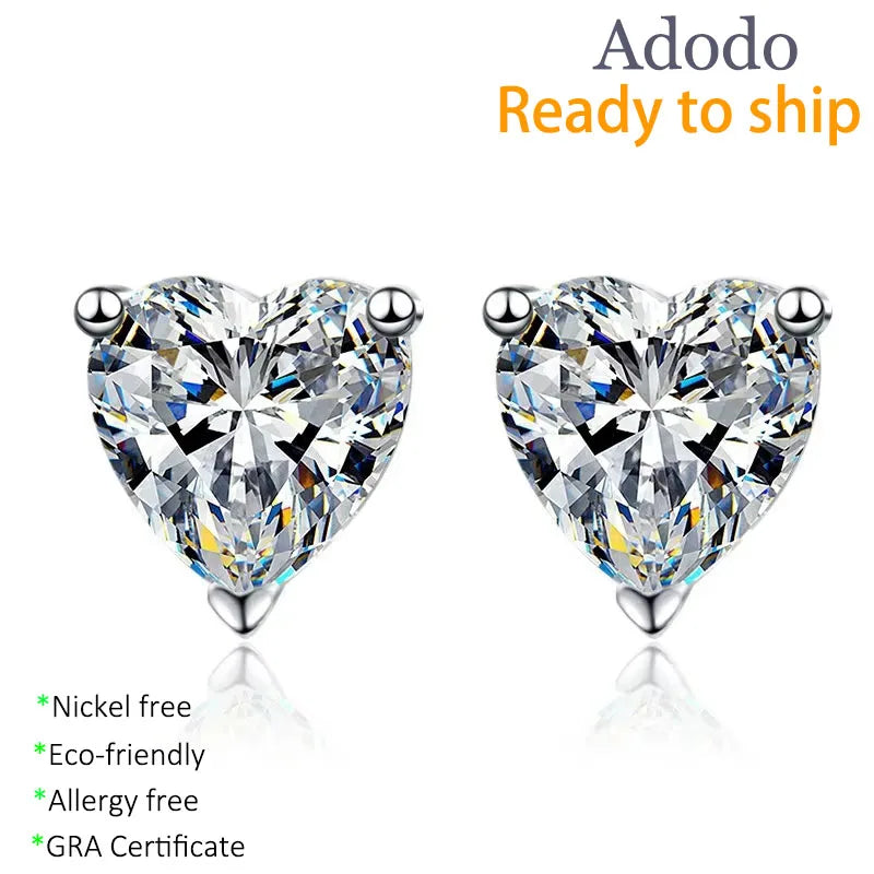 Fashion S925 Sterling Silver Anti Tarnish Claw Set Heart Cut 1CT VVS GRA Moissanite Jewelry Heart Stud Earrings for Women