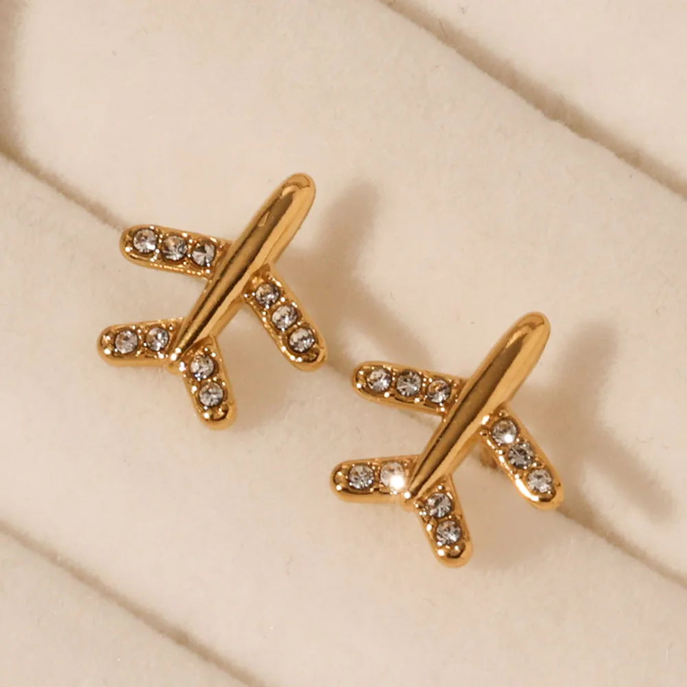 Non Tarnish Airplane Zircon Stud Earrings Hypoallergenic Stainless Steel Gold Plated Earrings for Women Boucle Doreille Bijoux