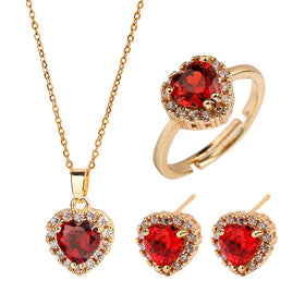 2024 Valentine's Day 3pc 18k Gold Plated Love Heart Shape Stud Earrings Necklace Ring Set Red Heart CZ Shape Necklace