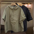 Men Solid Color Zip up Hoodie Streetwear Style Strap Decor  Pocket Details Loose-Fit Half Sleeve Oversized T-shirt Men
