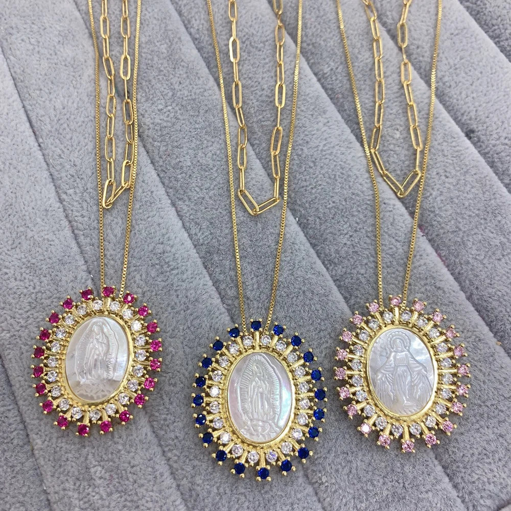 Our Lady of Guadalupe Mother of Pearl Shell Pendant Necklace Zircon Inlaid Religious Jewelry for Women Catholic Gift Accessory