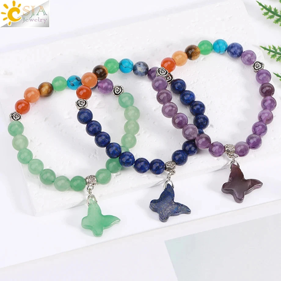 CSJA Wholesale Butterfly Charm Stretch Bracelet Natural Reiki Healing 7 Chakra Crystal Gemstone Bead Bracelet for Women H227