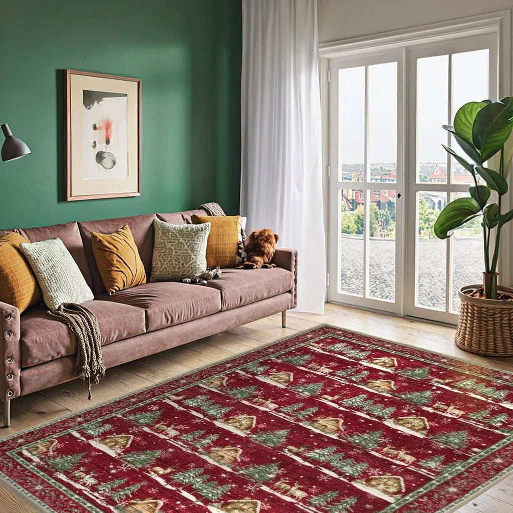 Christmas Modern Red Polyester Rug Non-Slip for Living Room Bedroom Kids Room Dorm Kitchen Sink Low Pile