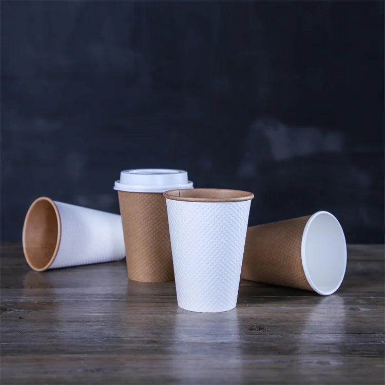 Hot Sale Biodegradable Craft Paper Double Wall Ripple Coffee Cups with Lids 12oz Takeout Size