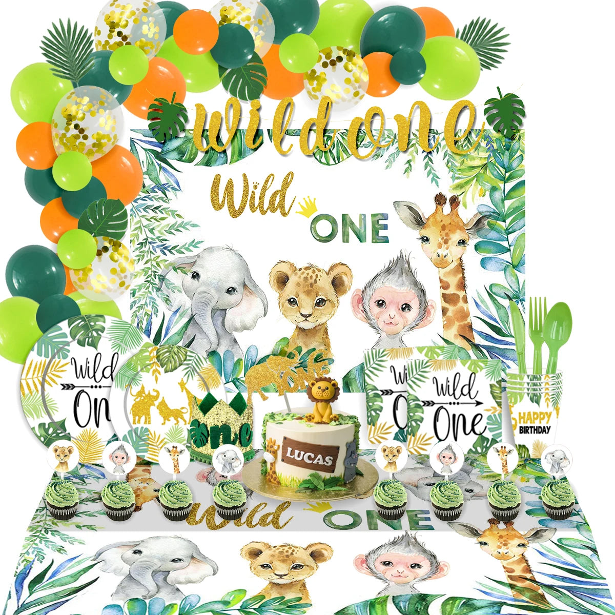 Nicro Jungle Animals Wild One Theme Banner Backdrop Tablecloth Kids Birthday Party Supplies Table Decoration Paper Tableware