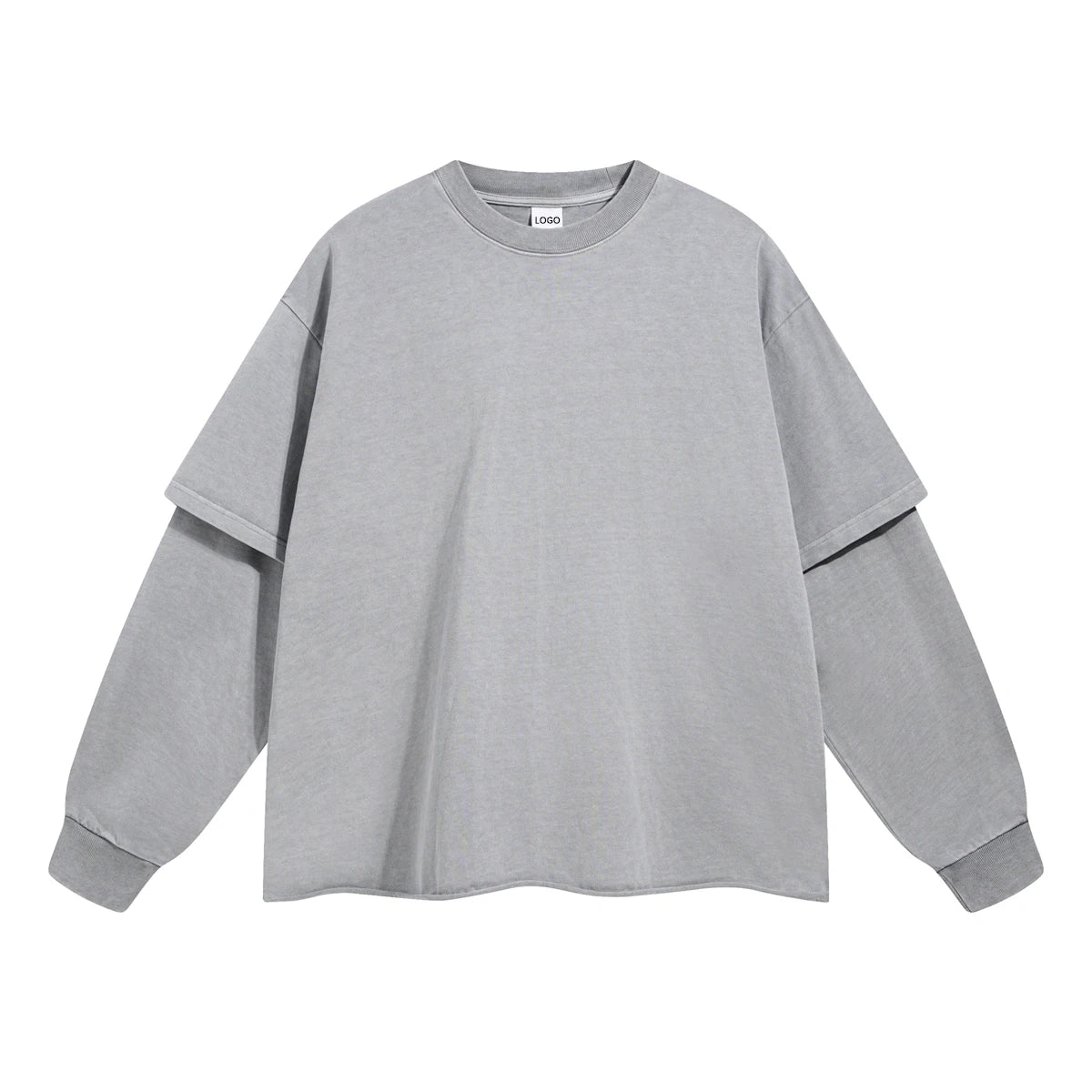 Unisex Faded Drop Shoulder Vintage Tee Shirt Custom LOGO Men Heavyweight Distressed Acid Wash Double Layer Long Sleeve T Shirt