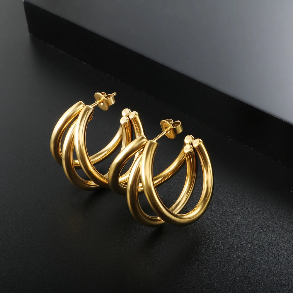 Vintage Jewelry Stainless Steel Triple Circle Hoop Earrings for Women Chunky Multiple TRIO Hoops Earrings