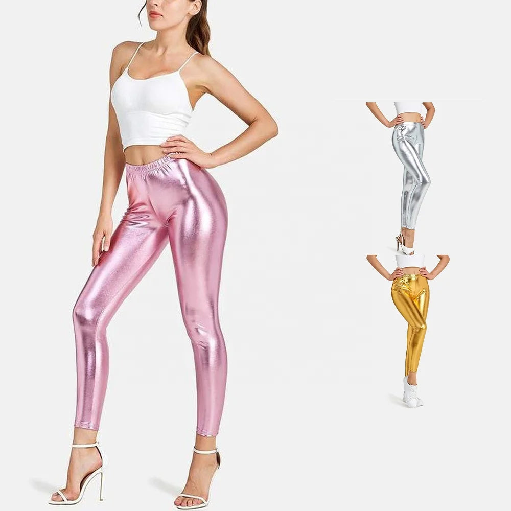 Silver Shining Street Wear Spring Ankle-Length High Stretch Skinny High Waist Metallic Yoga Pants for Women