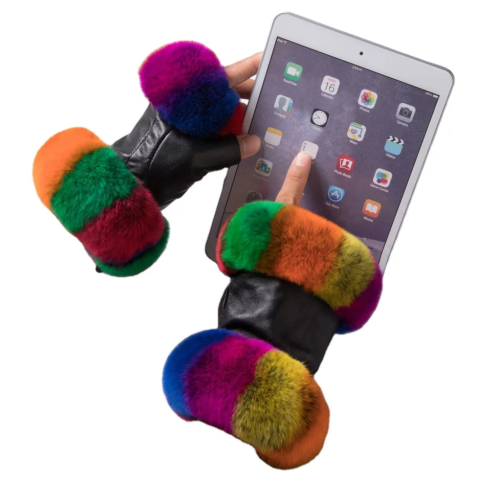 MWFur Leather Rex Rabbit Fur Fingerless Driving Gloves Mittens Fashion Rex Rabbit Fur Gloves for Fashion Women