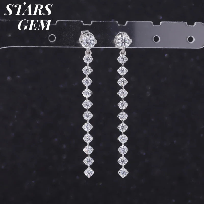 10K White Gold Round Diamonds Long Linear Dangle Earrings Round Brilliant Cut Lab Diamonds Moissanite Earrings Drops