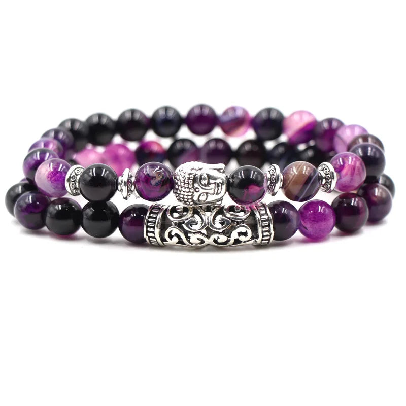 8mm Natural Purple Agate Stone Silver Fati Hand Lion Owl Buddha Head Chain Bead Bracelet Set Men Rope Material Jewelry Sets