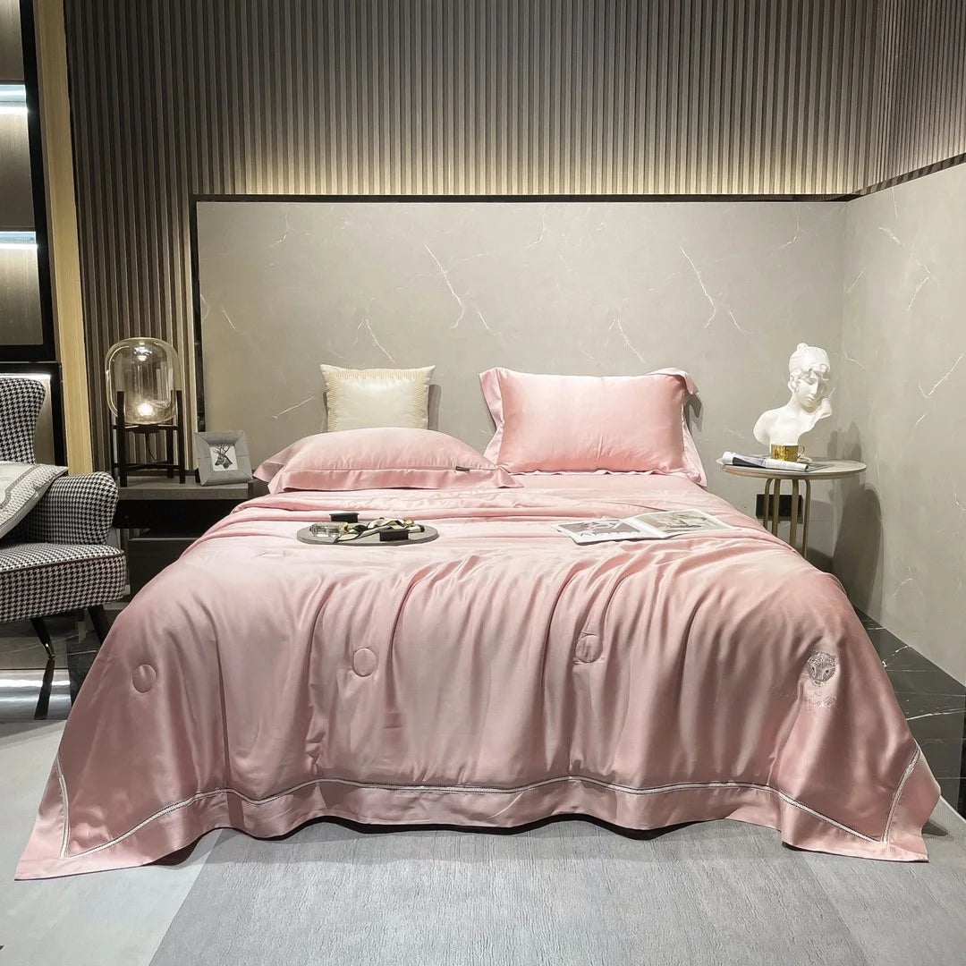 Pink Jacquard Bedding Lyocell Fiber Home Textile Silky Bed Linen Summer Pillowcase Quilt Sets Supplier