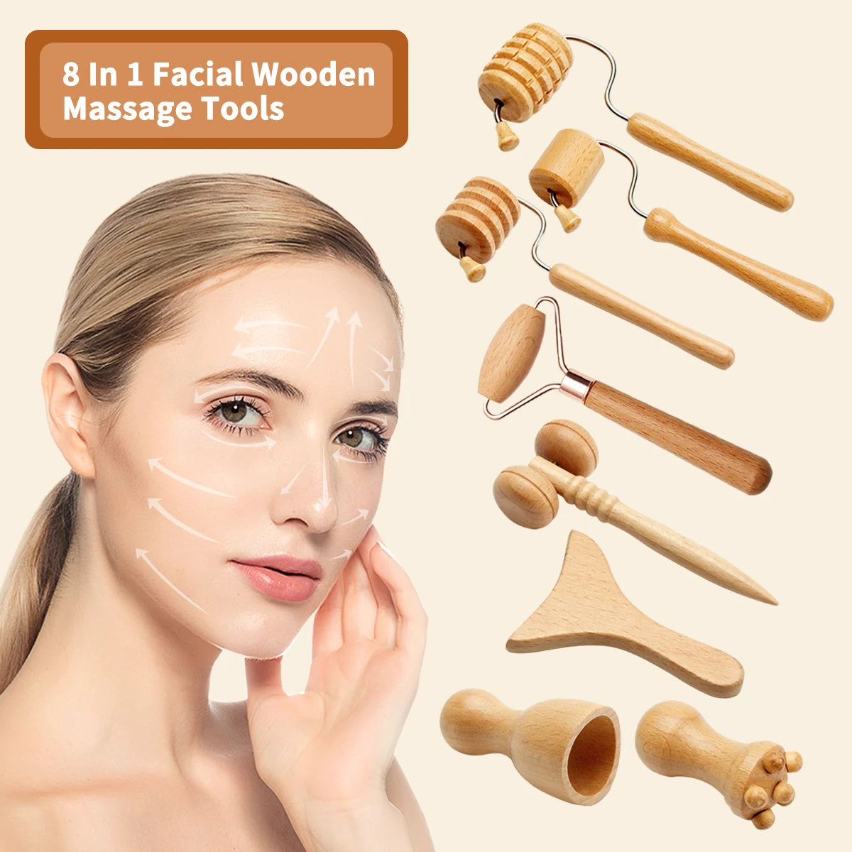 8 Pcs Facial Wood Therapy Massage Roller for Face Sculpting Tool Wooden Personal Face Massager