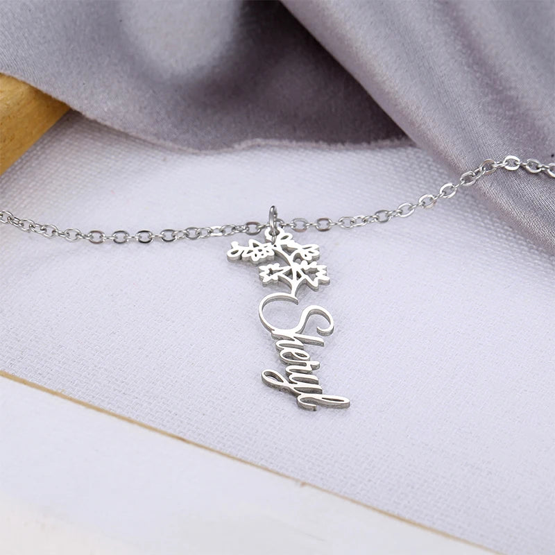 Hollow Custom Name Stainless Steel Zircon Necklace Birth Month Flower 12 Month Birthday Floral Women Mom Bridesmaid
