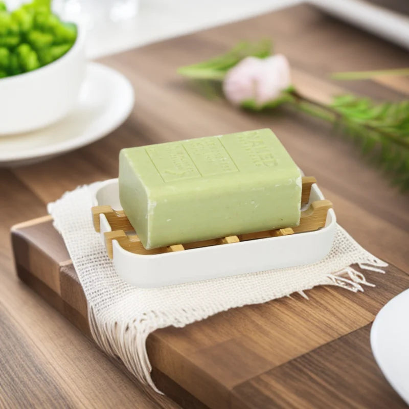 Biodegradable White Black Bamboo Fiber Kitchen Bathroom Soap Rack Holder with Bamboo Drain Tray  for Hotel Kitchen Shampoo