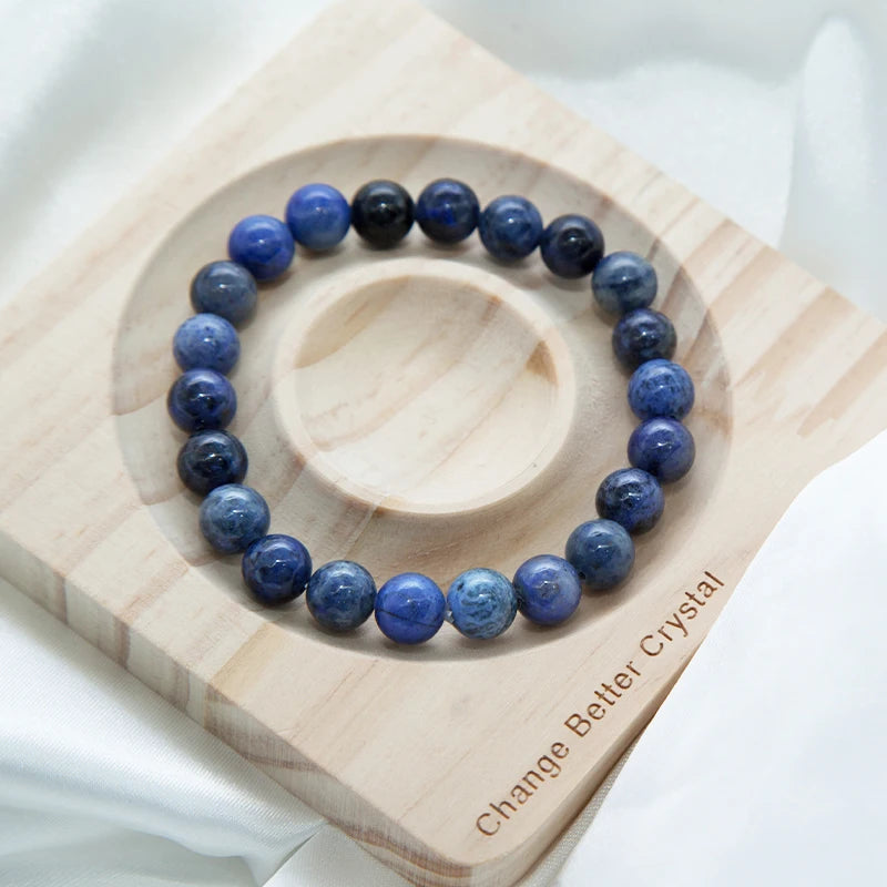 Unisex 7\" Stretch Bracelet with 8mm Natural Polish Dumortierite Semi-Precious Beads Geometric Shape for Anniversary Occasions