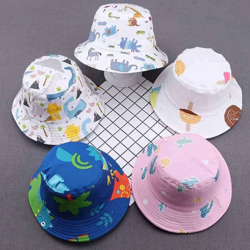 Infant Pink Sky Blue Bucket Hats Kids Summer Children's Sun Protection Cap Unisex Silk Cartoon Printed Visor Hat Animal Feature