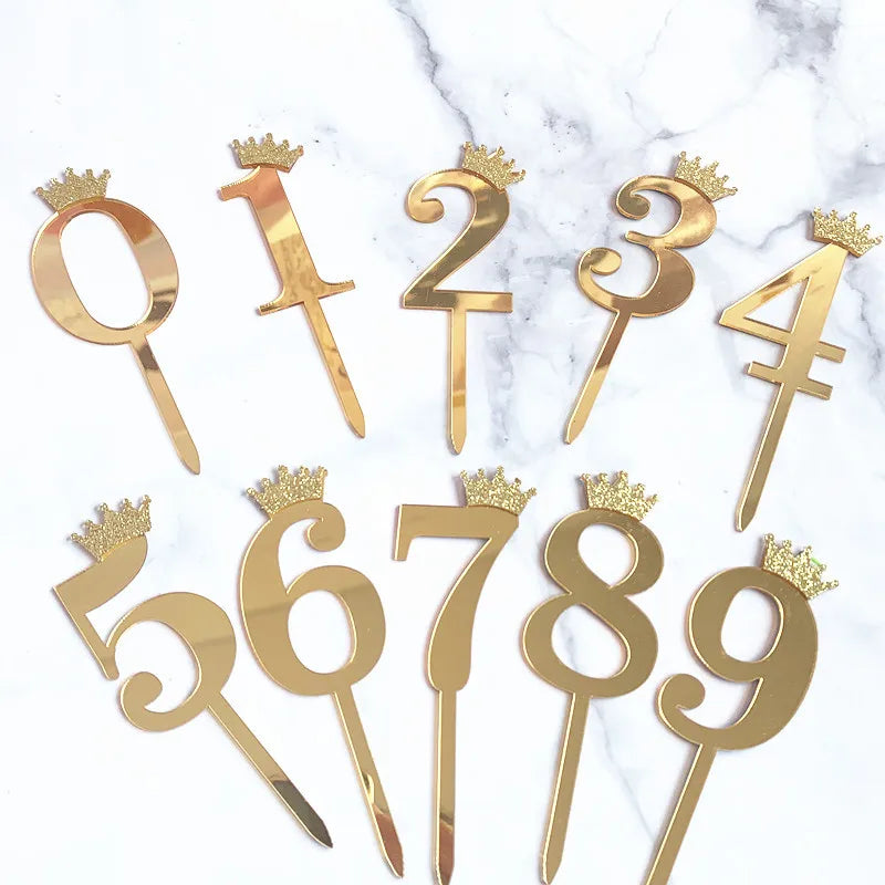 Large Size 10.5 cm Number 0-9  With Crown Acrylic Cake Insert Card Birthday Wedding Party Cake Topper Decorations