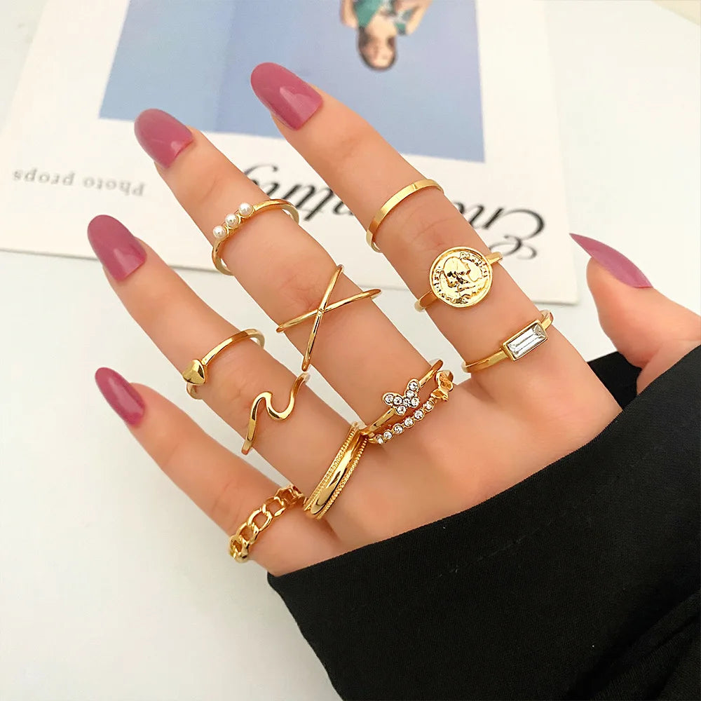 European American Fashion Temperament Retro Knuckle Ring Set Jewelry Gift Pearl Love Butterfly Gem Mid Rings Set for Women