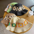 Boho Adult Handmade Woven Paper Floral Sun Straw Hat Cap Breathable Foldable Wide Brim Summer Beach Knitted Crochet Bucket Hat