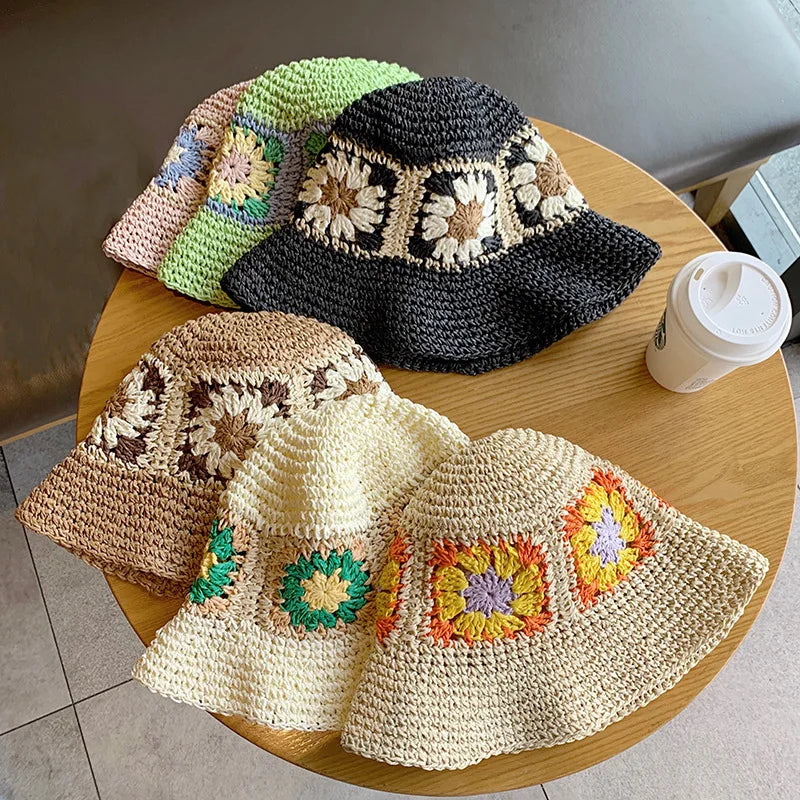 Boho Adult Handmade Woven Paper Floral Sun Straw Hat Cap Breathable Foldable Wide Brim Summer Beach Knitted Crochet Bucket Hat