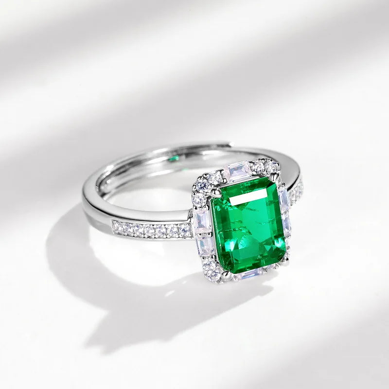 Open-Design Natural Green Emerald Cut Prong Setting Grandmother Gem Ring Trendy 925 Silver Rhodium Plating Unisex Anniversary
