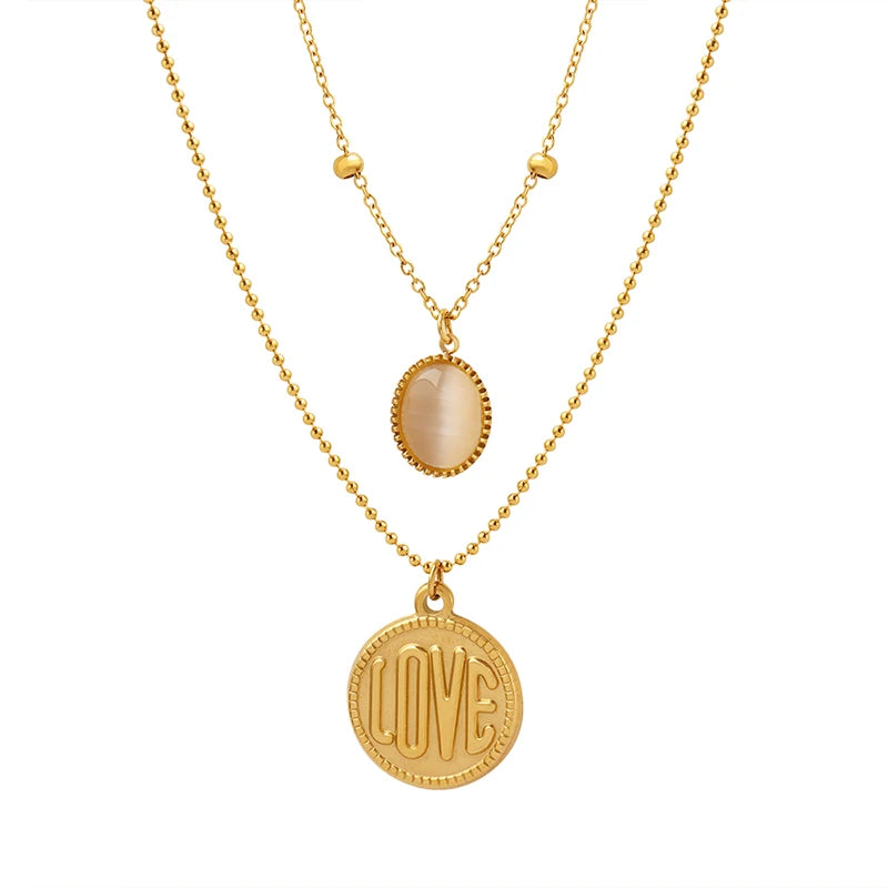 French Opal Double Layered Pendant Necklace Stainless Steel Versatile Wholesale Women's Necklace