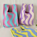 Women Stripes Tote Bag Random Pattern Shopping Bags Wrist Bag Versatile Knitted Soft Cute Handbags For Women