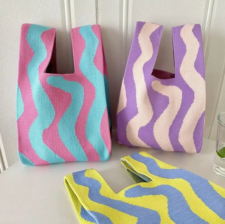 Women Stripes Tote Bag Random Pattern Shopping Bags Wrist Bag Versatile Knitted Soft Cute Handbags For Women