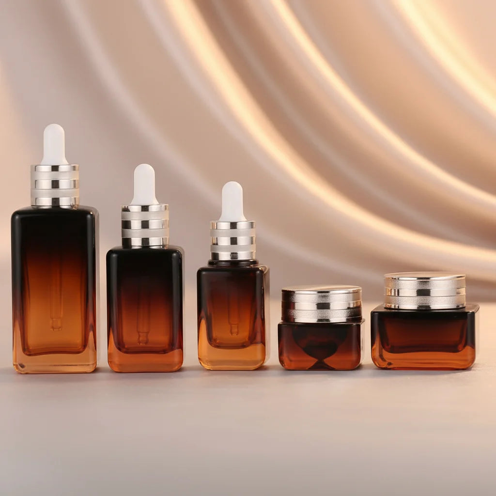 Custom Gradient Brown Square Rectangle Glass Serum Dropper Bottle 30ml 50ml 75ml 80ml 100ml for Face Cream