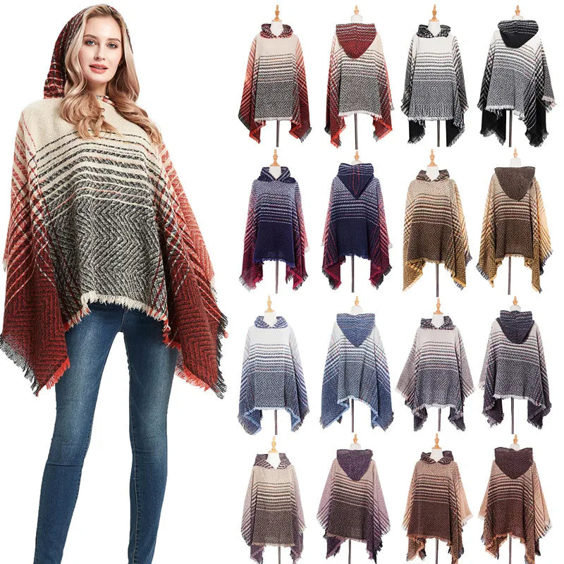 Women's Bohemian Style Polyester Breathable Hooded Cape Blanket Cloak Traditional Scarves Shawls Horn Buckle Tassel Poncho Wraps