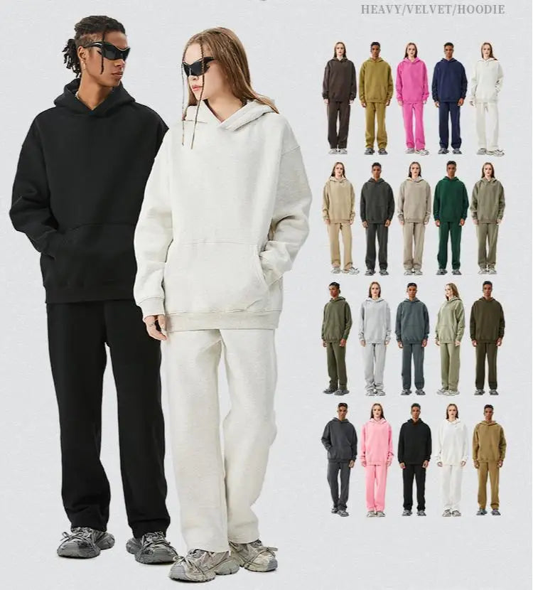 High Quality350Gsm Heavyweight Puff Print Logo Man Hoodie Set Y2K Vintage Streetwear Flared Sweatpants for Winter Woven Weaving