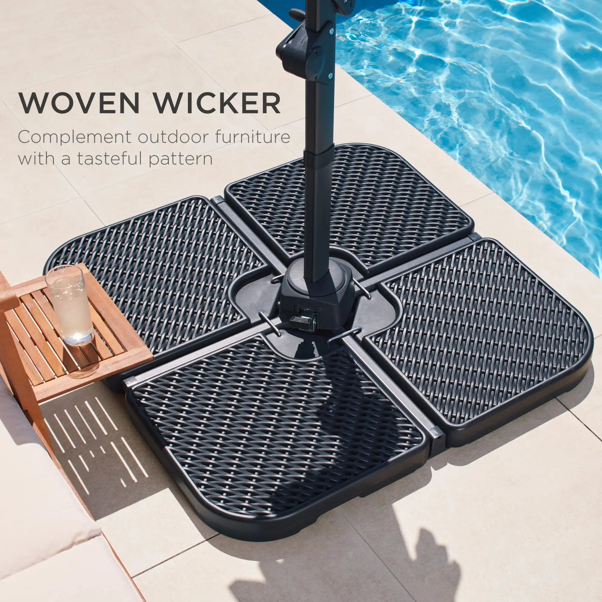 Outdoor Heavy-Duty Square Plate Set Faux Wicker Design Offset Patio Umbrella Stand Cantilever Woven Rattan Base Courtyard Hotel