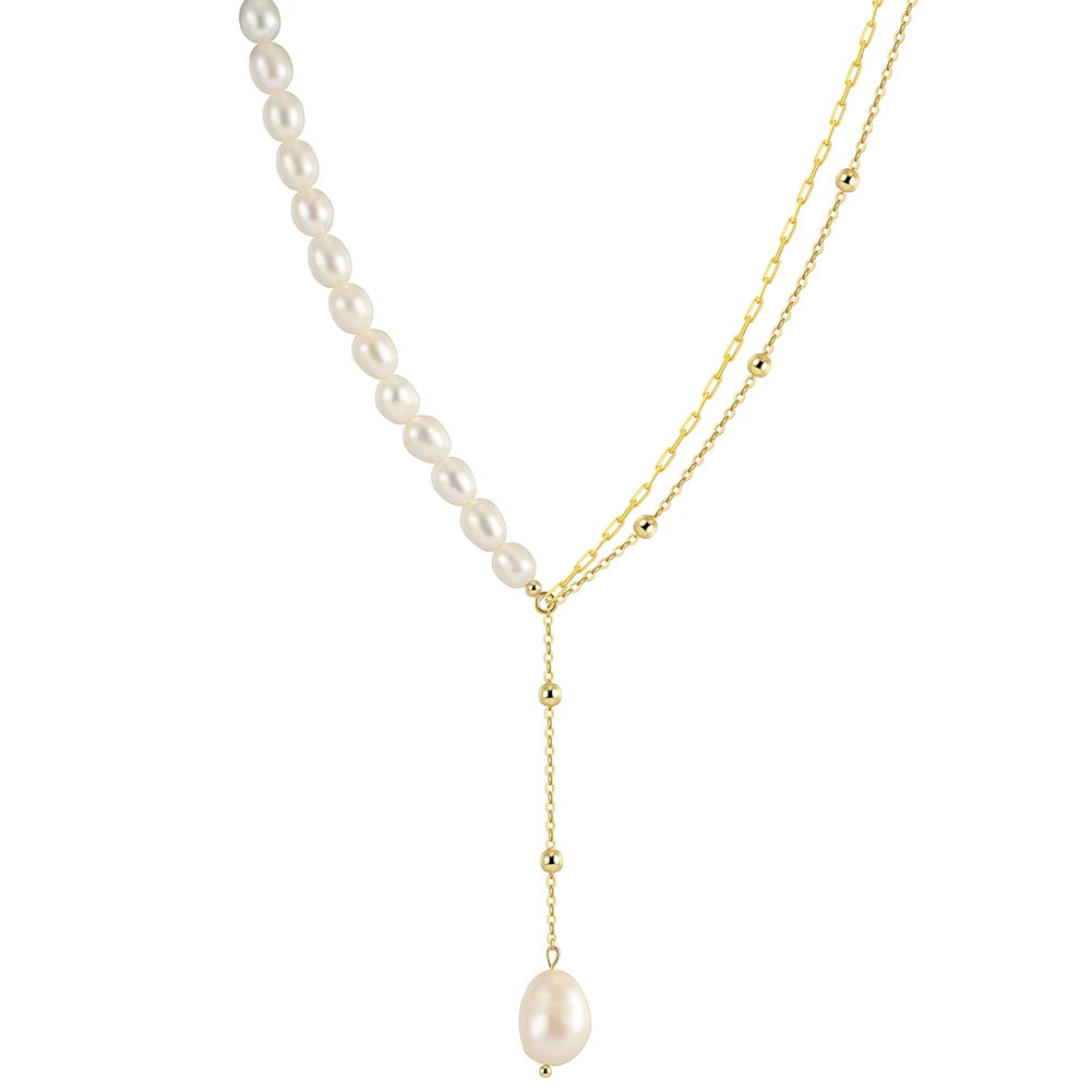 GPN54 Trendy 14K Gold Plated Paperclip Chain Ball Chain Layer Necklace Cultured Freshwater Pearl Choker Necklace for Girls Women